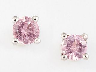 A PAIR OF SOLITAIRE PINK SPINEL EARRINGS, round-cut pink sp