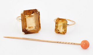 TWO RINGS, COMPRISING; A CITRINE COCKTAIL RING, a large oct