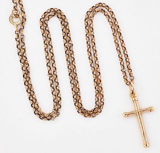 A 9CT GOLD ROPE CROSS PENDANT ON CHAIN, pendant hallmarked 