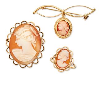 THREE ITEMS OF CAMEO JEWELLERY, COMPRISING; A 9CT GOLD CAME