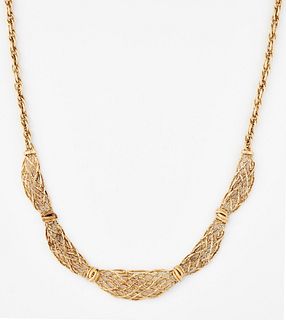 A NECKLACE, the front with graduated woven swag links, to a
