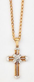A 9CT BI-COLOURED GOLD CROSS PENDANT ON CHAIN, channel-set 