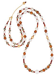 A CULTURED PEARL AND GEMSTONE BEAD NECKLACE, round and baro