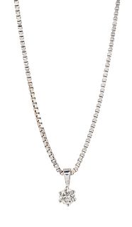 AN 18CT WHITE GOLD SOLITAIRE DIAMOND PENDANT ON CHAIN, a ro
