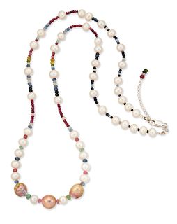 A CULTURED PEARL AND GEMSTONE BEAD NECKLACE, large golden b
