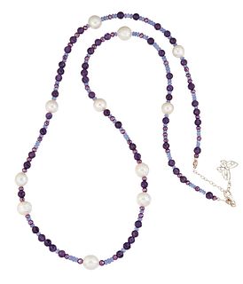 A CULTURED PEARL AND GEMSTONE BEAD NECKLACE, off-round cult