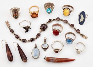 A GROUP OF SILVER AND METAL GEM-SET JEWELLERY, comprising v