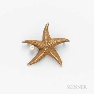 14kt Gold and Cultured Pearl Starfish Brooch