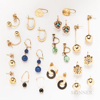Twelve Pairs of 14kt Gold Earrings