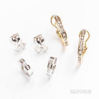 Three Pairs of 14kt Gold and Diamond Earrings