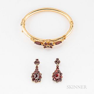 14kt Gold and Garnet Hinged Bracelet and a Pair of Gilt and Garnet Earrings