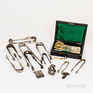 Group of Coin Silver Tongs, a Cased Vermeil Set of Demitasse Spoons, and Belt Buckles.