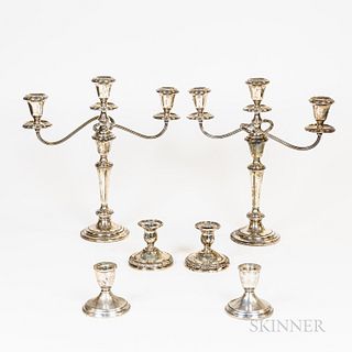 Pair of Sterling Silver Weighted Three-light Convertible Candelabra and Two Pairs of Sterling Silver Weighted Low Candlesticks