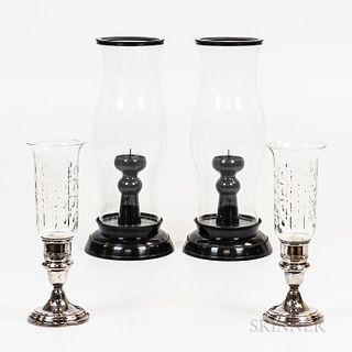 Pair of Gorham Sterling Silver Weighted Lanterns with Glass Shades and a Pair of Black-painted Metal Lanterns with Hurricane Shades
