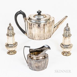 Georgian Sterling Silver Teapot, Pair of British Sterling Sugar Casters, and a Silver-plated Creamer