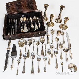 Group of Sterling Silver Flatware, Coin Silver Spoons, and Sterling Silver Weighted Candlesticks