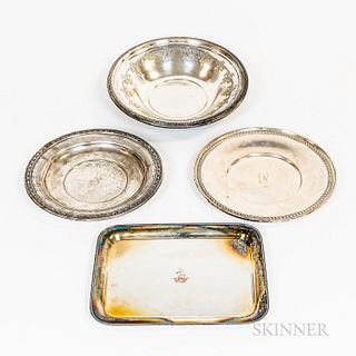 Three Sterling Silver Plates and a Silver-plated Tray