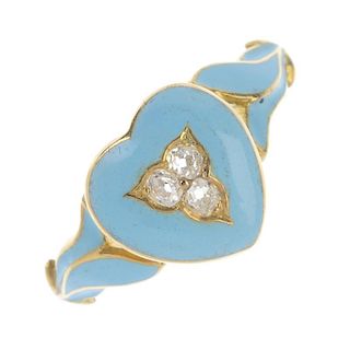 A late 19th century 18ct gold diamond and enamel ring. The old-cut diamond trefoil, within a blue en