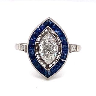 Platinum Marquise Diamond & Sapphire Ring