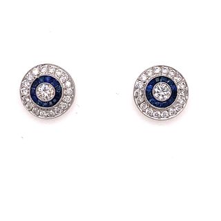 Platinum Diamond Sapphire Target Stud Earrings 