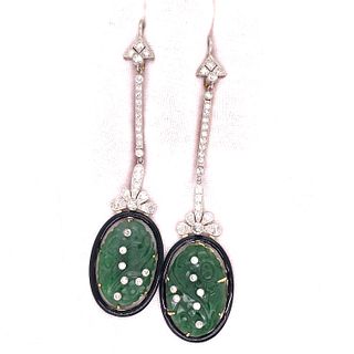 Platinum Jade Jadeite Diamond Onyx Long Earrings