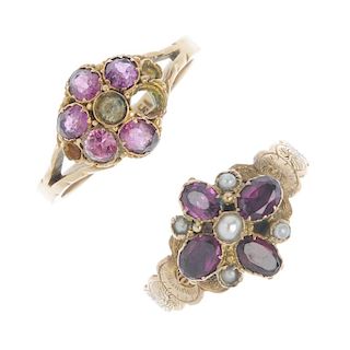 Two Victorian gold and gem-set rings. To include a 9ct gold garnet and split pearl floral dress ring