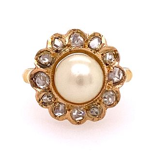 18k Victorian Rose Cut Diamond Pearl Flower Ring