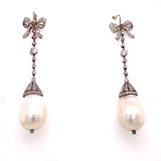 Platinum Bow Pearl Long Diamond Earring