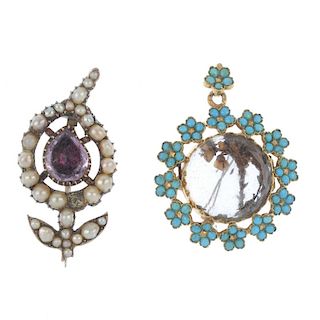 Two early to mid Victorian items of jewellery. To include a mourning pendant designed as a glazed ce