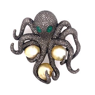 Silver Diamond Emeralds Pearls Octopus