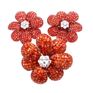 18K Diamond and Orange Sapphire Earrings & Ring