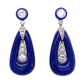 Platinum Lapis Lazuli Diamond Dangling Oval Earrings