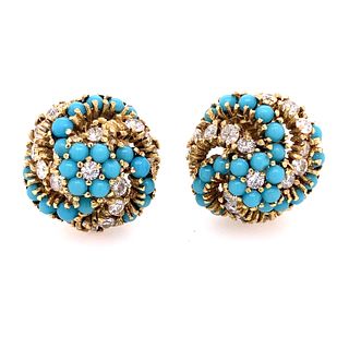 18K Diamond Turquoise Twisted Clip Earrings