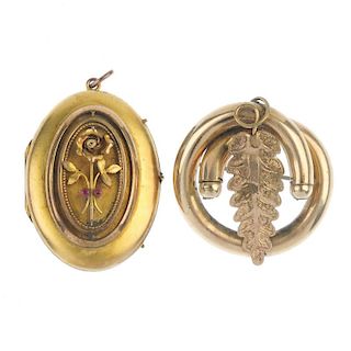 A late 19th century paste locket and a brooch. The oval-shape locket, with applied rose detail and c
