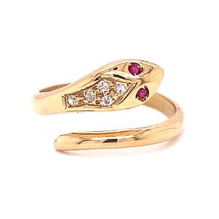 Victorian 18K Snake Diamond Ruby  Ring