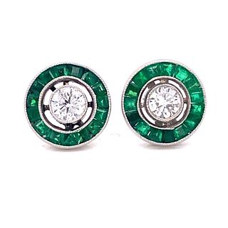 Platinum Diamond Emerald Stud Earrings