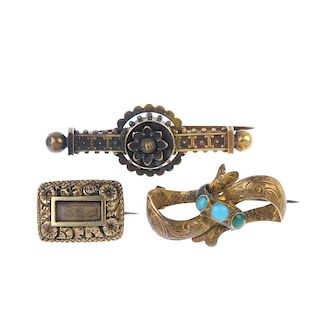 Three late 19th century brooches. The first, a bar brooch with spherical finials, beadwork to the re