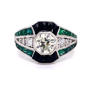 Art Deco Platinum Emerald Onyx Diamond Ring