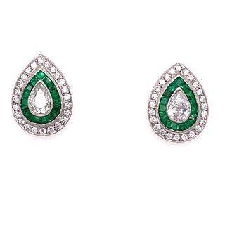 Platinum Diamond Emerald Pear Earrings 