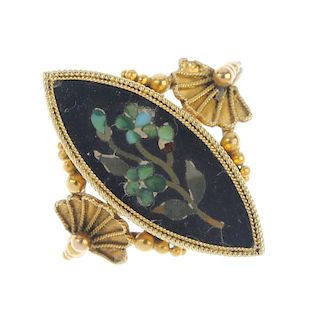 A late 19th century 18ct gold pietra dura ring. The marquise-shape pietra dura panel, depicting forg