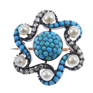 An early 20th century diamond, turquoise and pearl brooch. Designed as a central panel of turquoise