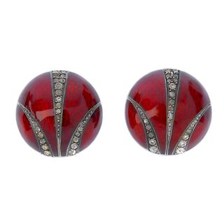 A pair of early 20th century French silver enamel and paste shoe buckles, each of domed circular out