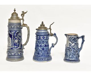 Two German Stoneware Steins and Pitcher