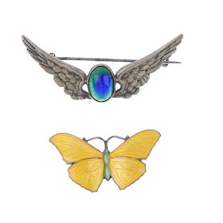 Two early 20th century silver and enamel brooches. One by J. Aitken & Son, in the form of a butterfl