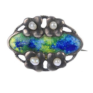 MURRLE BENNETT - an enamel and pearl brooch. The central oval panel of green, yellow and blue enamel