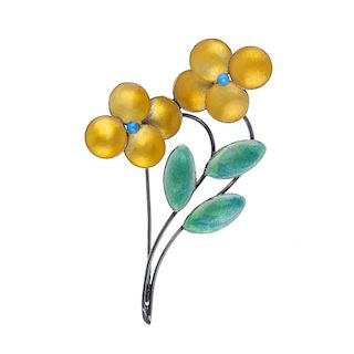 BERNARD INSTONE - an enamel flower brooch. The yellow enamel flower petals with blue enamel centres