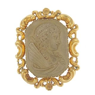 <p>A lava cameo brooch. The rectangular lava cameo depicting Psyche, the beloved of Cupid, to the ac