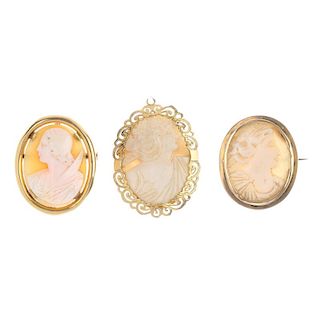 Three mounted shell cameo brooches. Each of oval-shape outline, depicting a lady in profile, to the