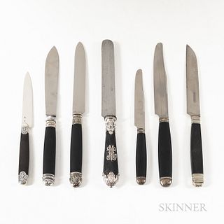 Three Cased Sets and Three Loose Sets of French Ebony-handled Knives