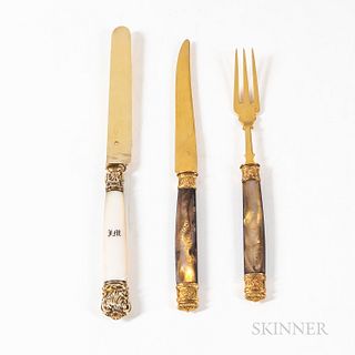 French Hardstone and Vermeil Fruit Flatware Set with Butter Knives